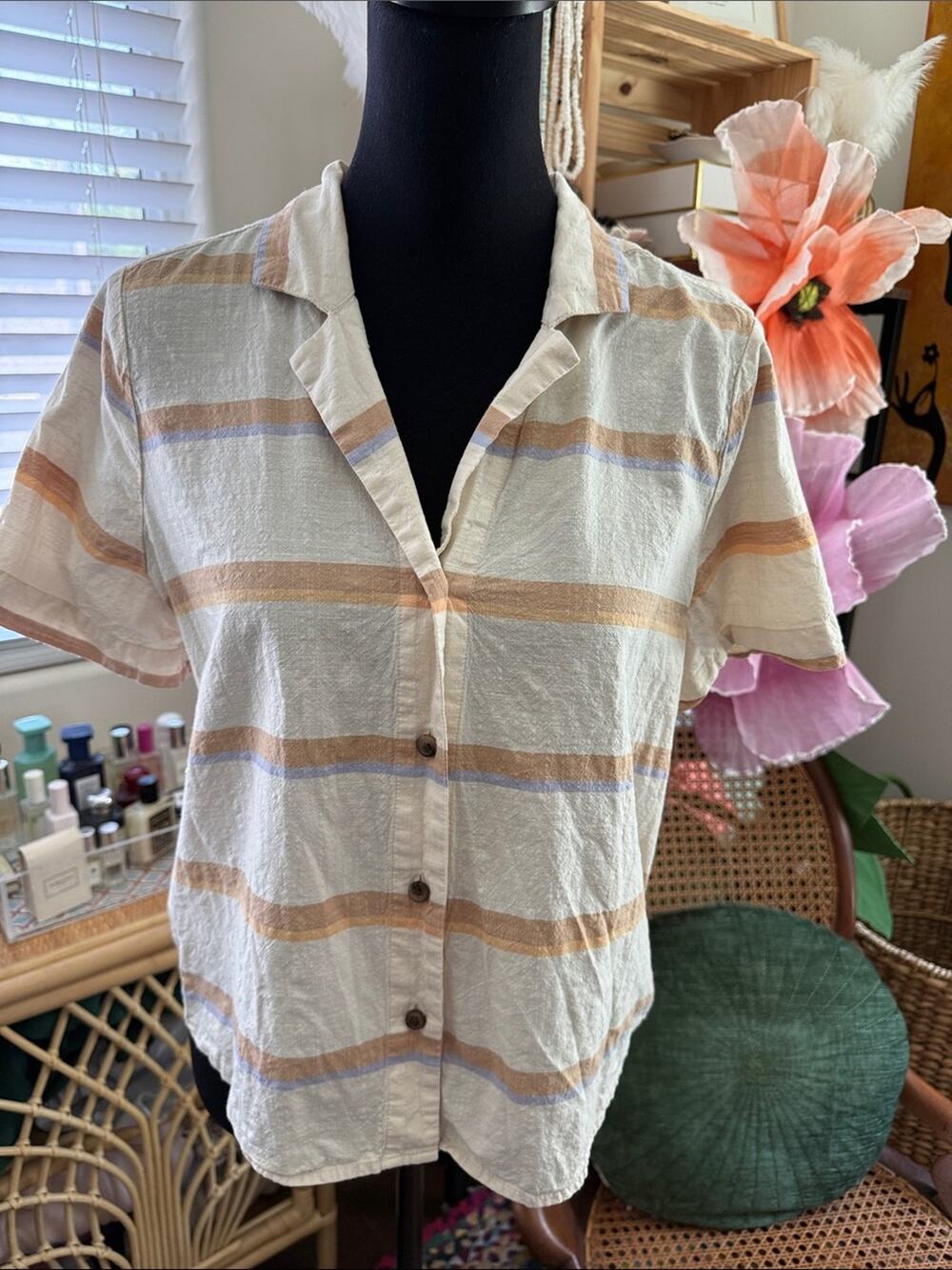 Madewell Camp Striped Natural Button Up Short Sleeve Classic Preppy Cotton Shirt